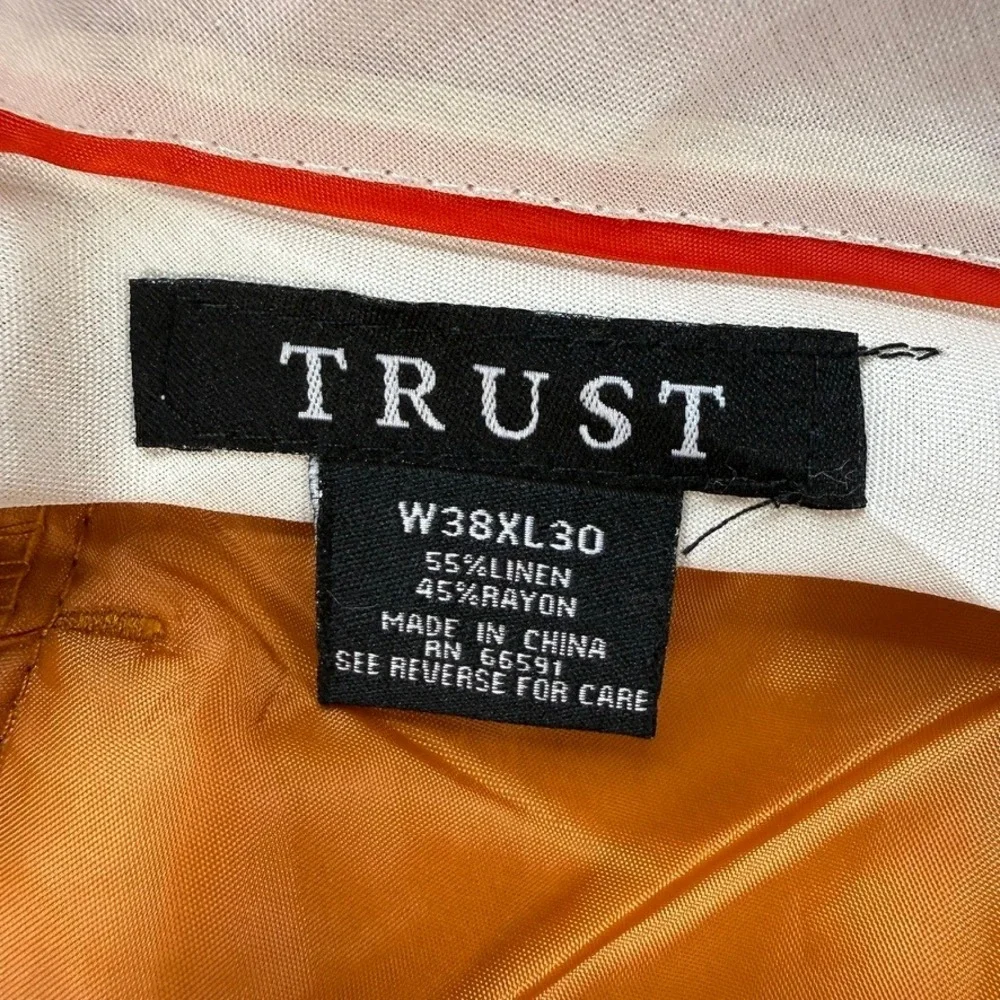 TRUST Linen Blend Pleated Dress Pants Relaxed 38x30 (FIT 37x27) Orange Cuffed